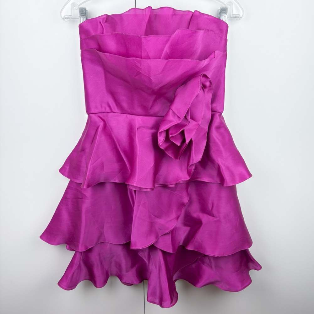 Wayne Clark Y2K 100% Silk Strapless Layered Ruffle Mini Dress Gown Fuchsia Pink